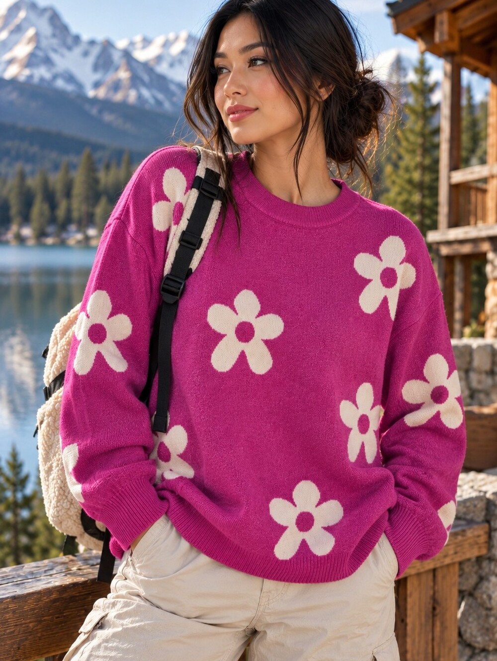 Bohme Pink Floral Daisy Sweater Women's Small Oversized Y2K Retro Knit
